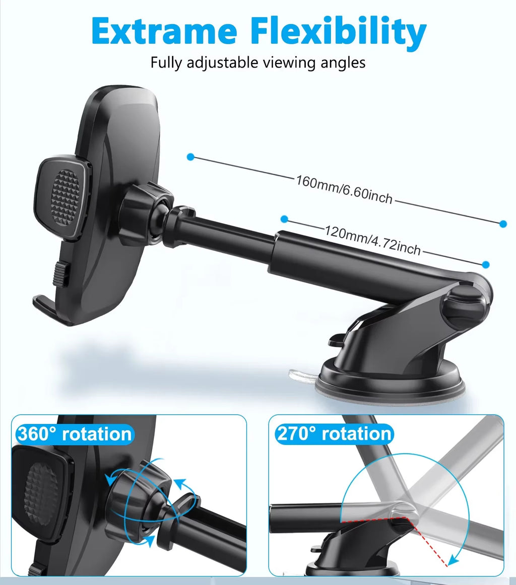 360° Adjustable Car Phone Holder – Strong Suction Cup Dashboard & Windshield Mount for 4.7”–7.2” Smartphones